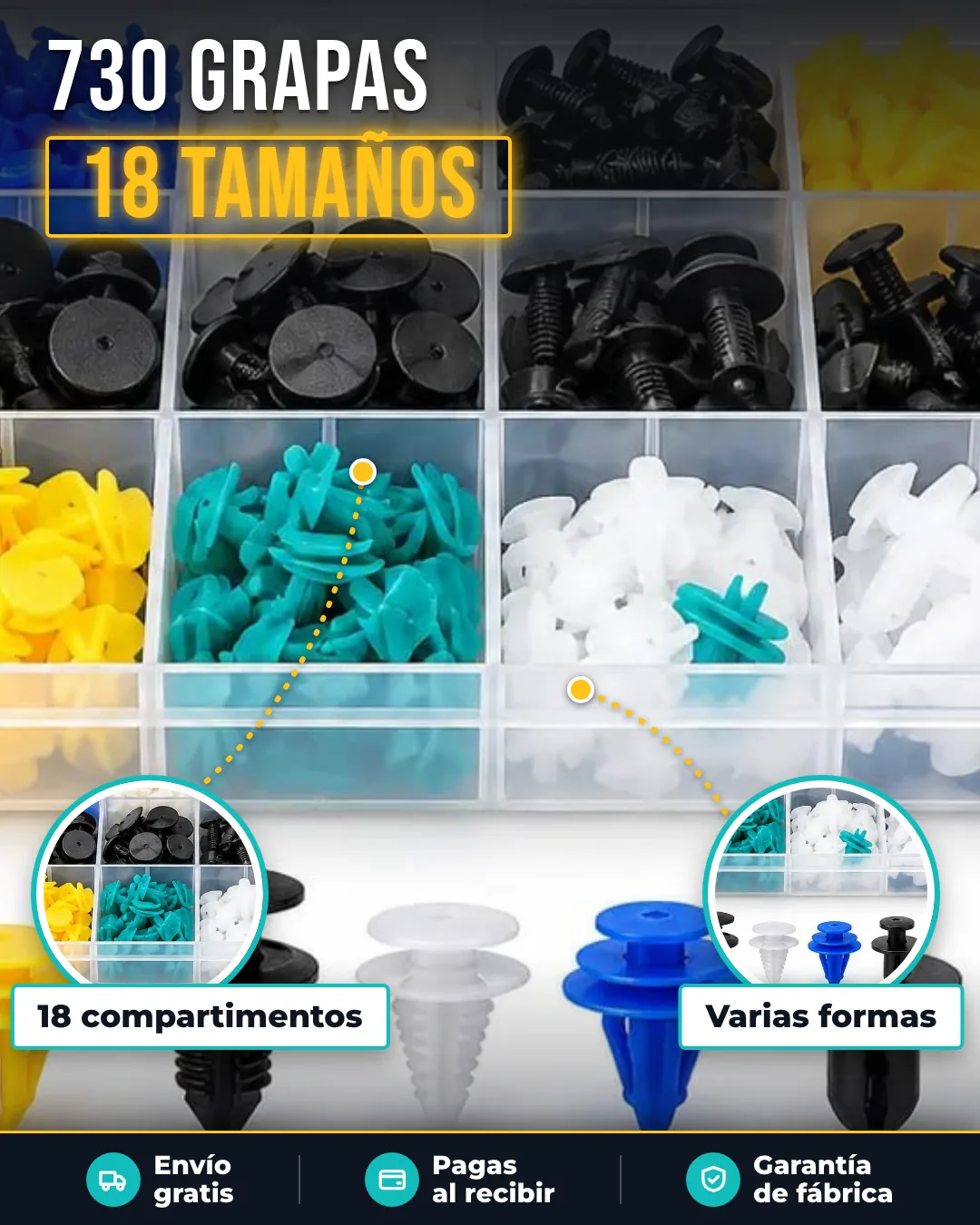 La caja abierta con 18 compartimentos de grapas de colores