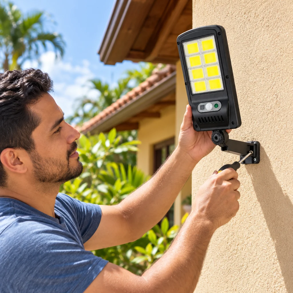 Hombre montando la lámpara solar en una pared exterior